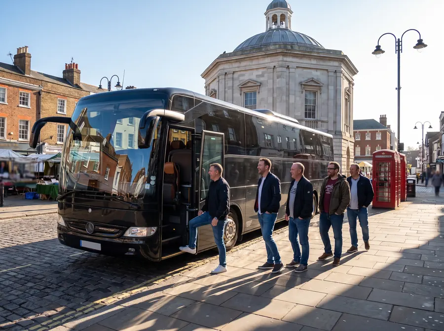 A sleek black executive coach parked at the kerb beside the old market square in Kingston upon Thames on a bright summer morning, a group of men in casual clothes boarding through the open door, the domed market house behind them