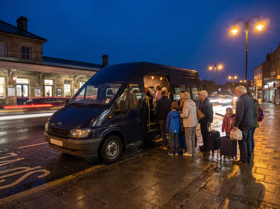 A dark navy 16-seat minibus at the kerb on the road outside Kingston railway station at night, an extended family of mixed ages boarding with suitcases, wet tarmac reflecting orange streetlights and car light trails behind
